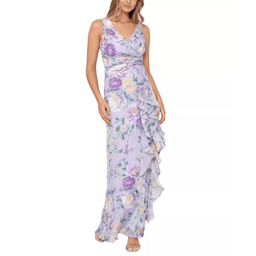 XSCAPE Betsy & Adam Women's Twist-Front Sleeveless Ruffled Gown Size 4